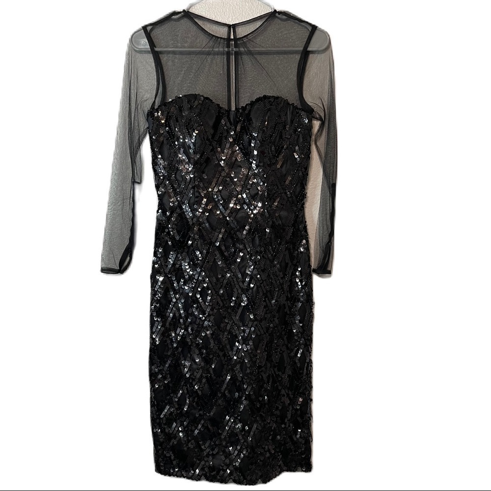 Mac Duggal Sequin Mini Dress Sheer Long Sleeves Sweetheart Neckline NWOT​​​